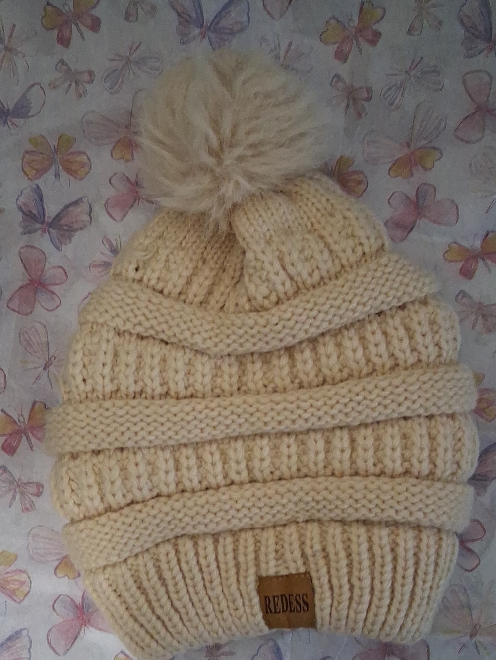 Cream Knit Pom-Pom Beanie Hat  with Logo Patch